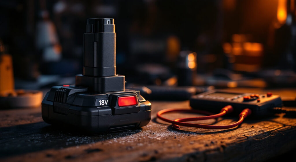Batterie 18 V de perceuse sur son chargeur, à côté d’un multimètre, sur un établi