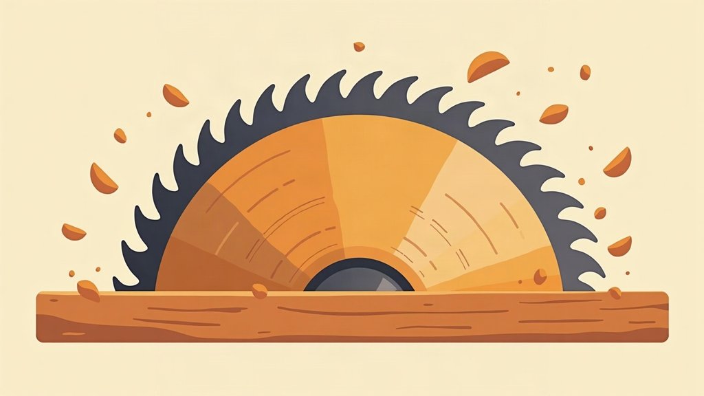 Illustration d’une lame de scie circulaire entrant dans un panneau de bois, copeaux projetés
