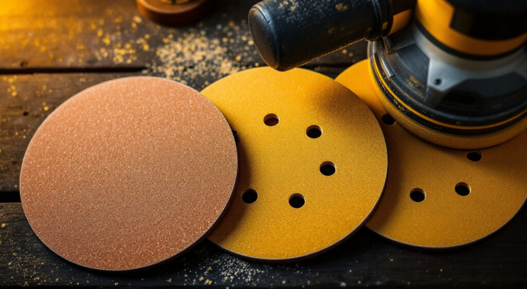 Disques abrasifs de 125 mm perforés, posés à côté d’une ponceuse excentrique