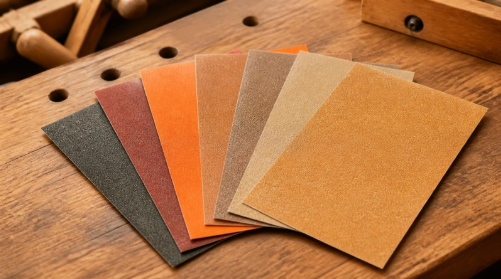 Eventail de feuilles de papier abrasif de grains et couleurs differents sur un etabli en bois