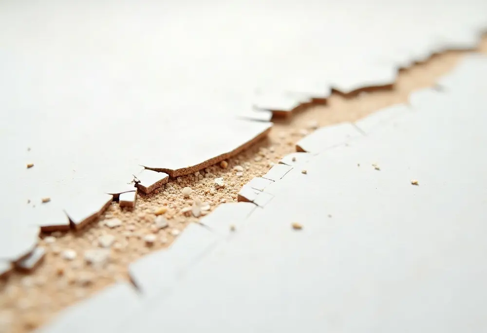 Illustration : revêtement blanc d’un panneau mélaminé éclaté le long d’une coupe
