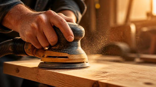 Main utilisant une ponceuse excentrique sur une planche de bois, poussiere en suspension