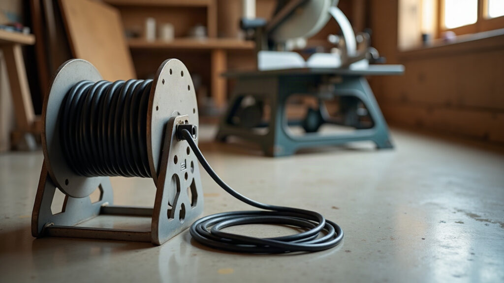 Enrouleur de rallonge électrique posé sur le sol d’un atelier, câble noir en partie déroulé, scie à onglet en arrière-plan