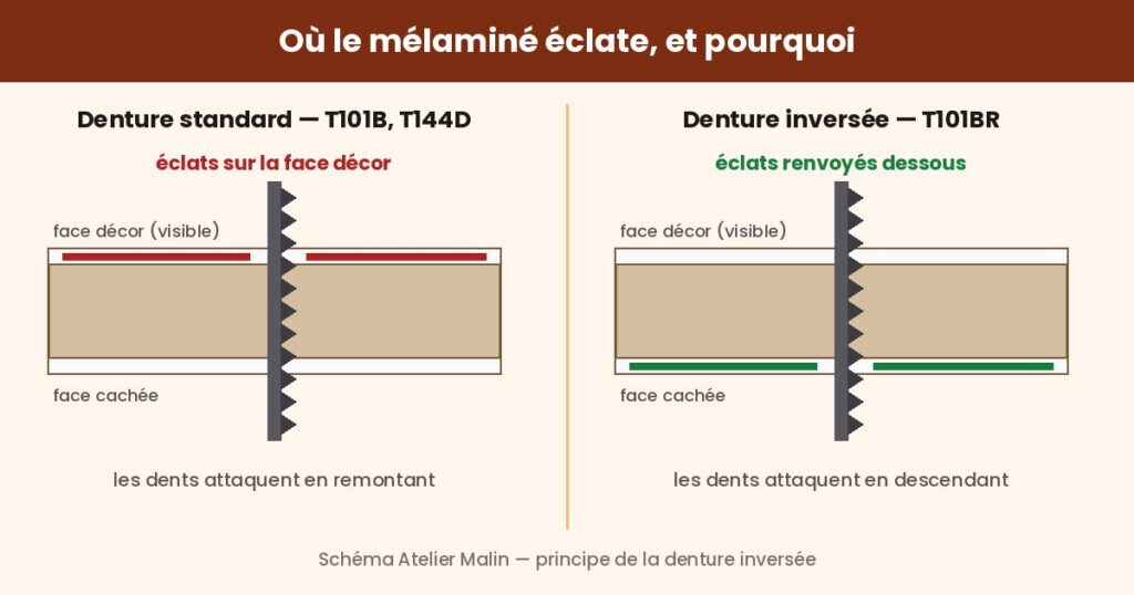 Schéma comparant une denture standard et une denture inversée de lame de scie sauteuse et la face du panneau mélaminé où se produisent les éclats