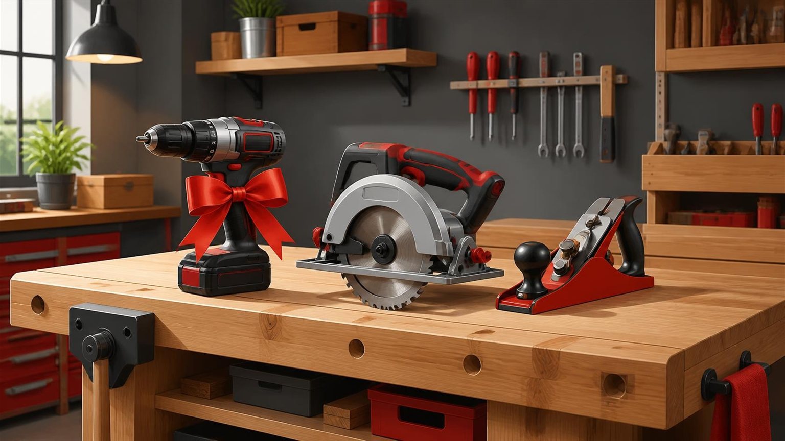 Établi de bricoleur avec une perceuse-visseuse ornée d’un ruban rouge, une scie circulaire et un rabot