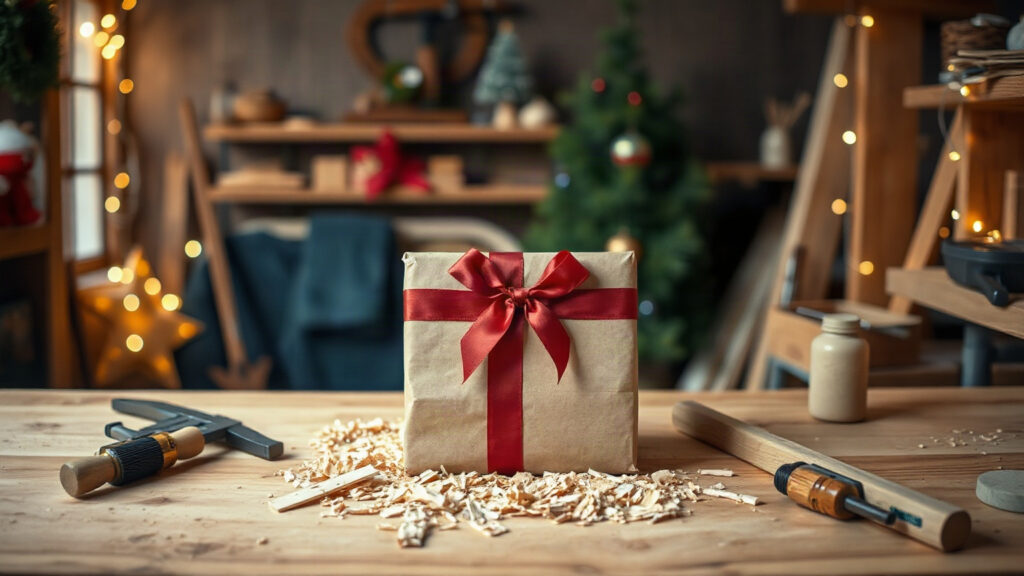Paquet cadeau en papier kraft avec un ruban rouge posé sur un établi en bois, entouré de copeaux, dans un atelier décoré pour Noël