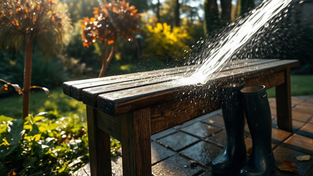 Jet d’eau sur un banc de jardin en bois, avec des bottes en caoutchouc posées sur une terrasse en dalles, en automne