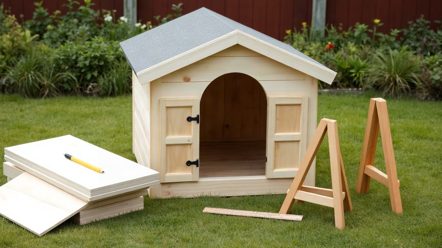 Niche en bois neuve avec toit à deux pans et entrée arrondie dans un jardin, à côté de panneaux de contreplaqué, d’un tréteau, d’un crayon et d’une règle