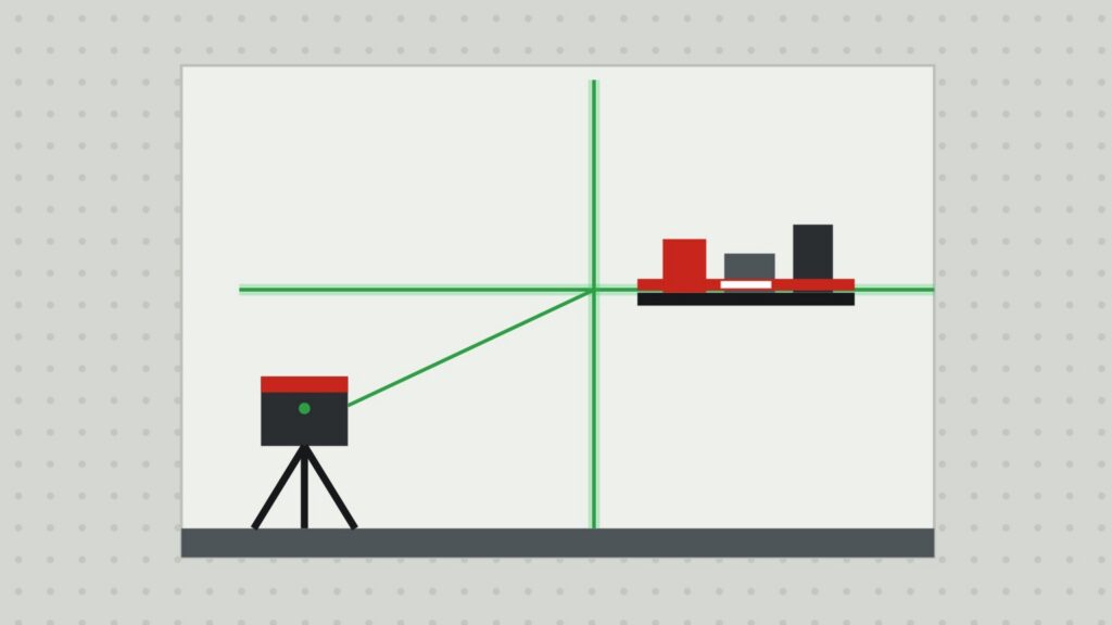 Illustration d'un niveau laser sur trépied qui projette deux lignes vertes en croix sur un mur, au-dessus d'une étagère posée à l'horizontale