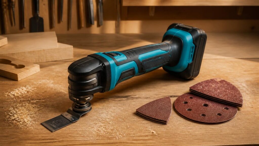 Outil multifonction oscillant sans fil bleu turquoise posé sur un établi en bois avec une lame plongeante et du papier abrasif