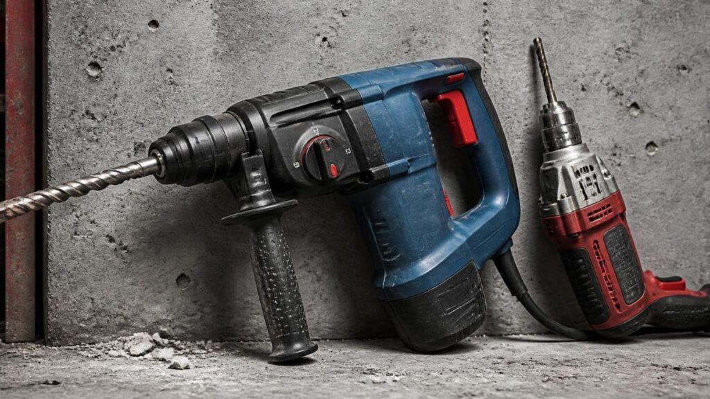 Illustration : un perforateur bleu Bosch et une petite perceuse filaire rouge posés contre un mur de béton brut, avec un foret et de la poussière de béton