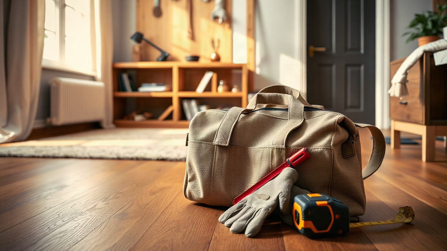 Sac à outils en toile posé sur un parquet, avec une paire de gants de travail, un mètre ruban et un niveau, dans un salon avec une étagère en bois