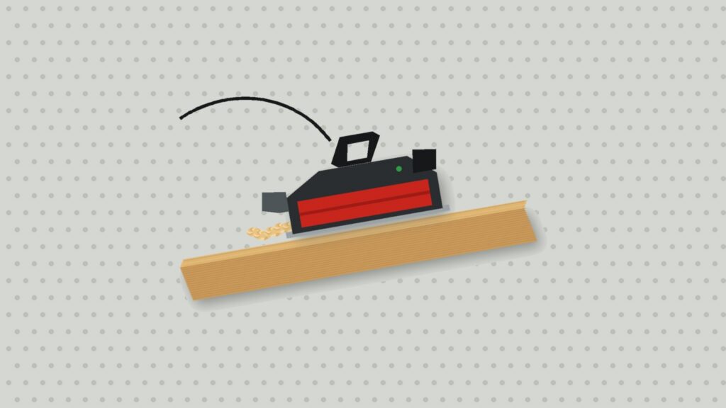 Illustration : un rabot électrique rouge et noir passe sur le chant d'une planche, des copeaux de bois s'échappent à l'arrière