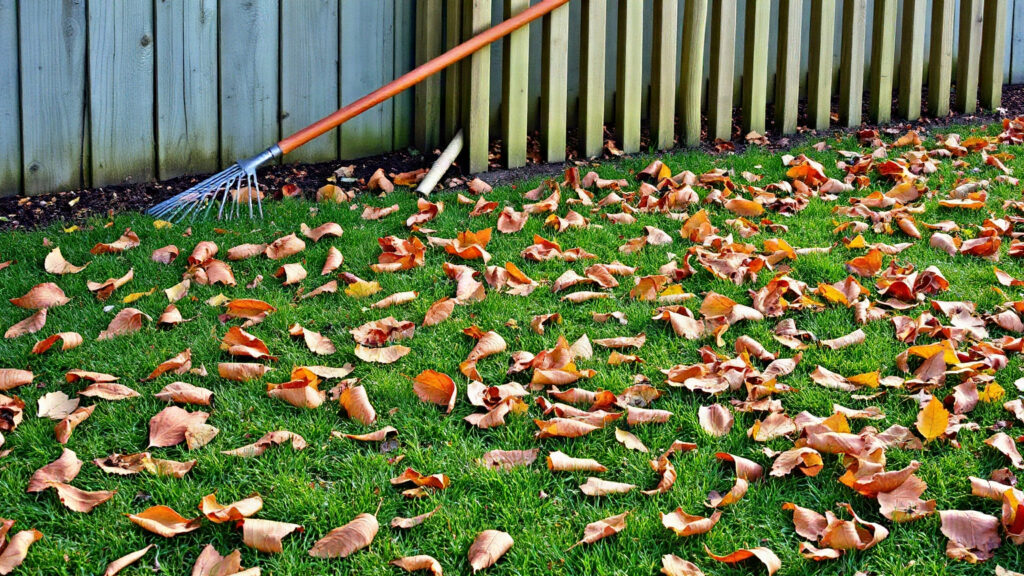 Pelouse couverte de feuilles mortes orange devant une clôture en bois, avec un râteau appuyé contre elle