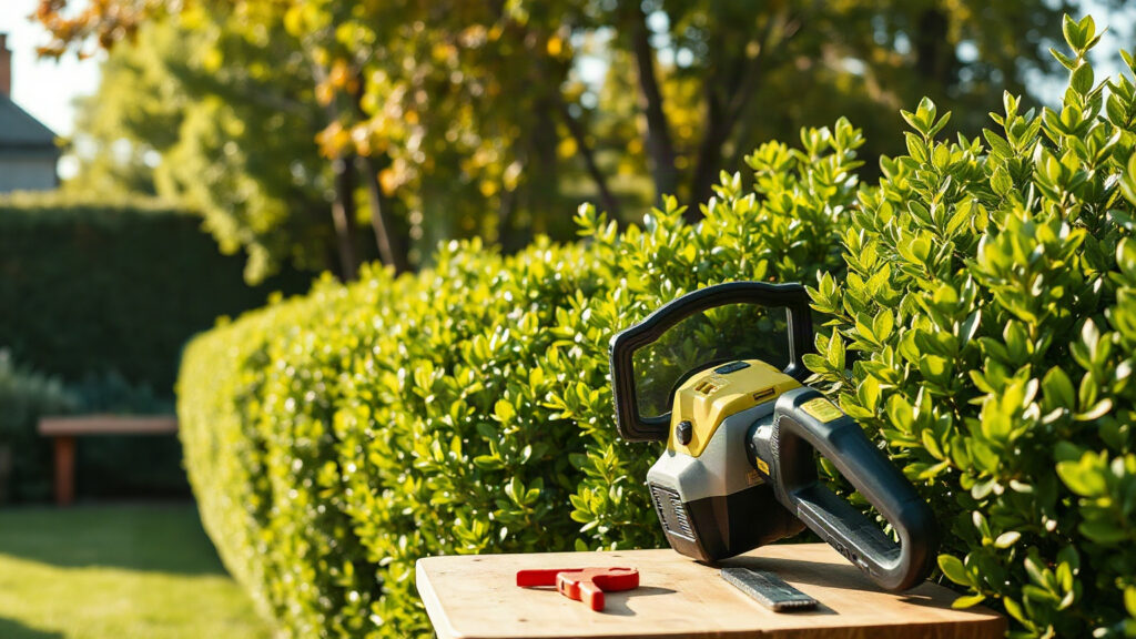 Haie de jardin bien taillée à la lumière d'automne, avec un taille-haie sans fil posé sur un établi en bois